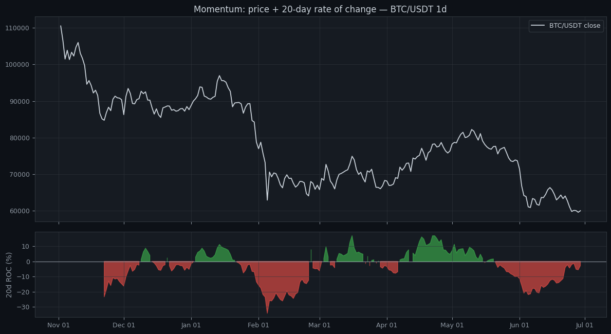 BTC/USDT daily price on top, with a 20-day rate-of-change momentum panel below it shaded green when positive and red when negative.